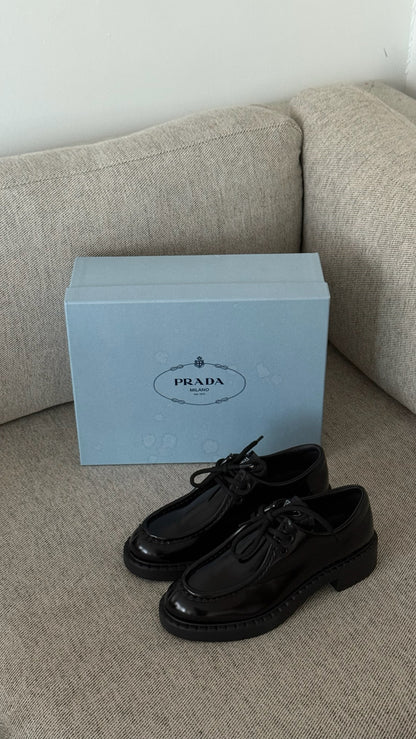 Prada Black Lace Up Loafers - Brand New 39/UK6