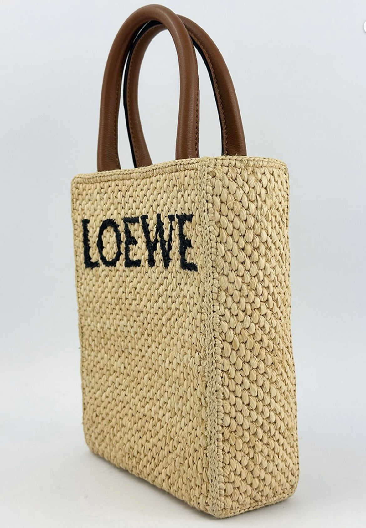 Loewe Cross Body Rafia Tote Small in Brown Leather.