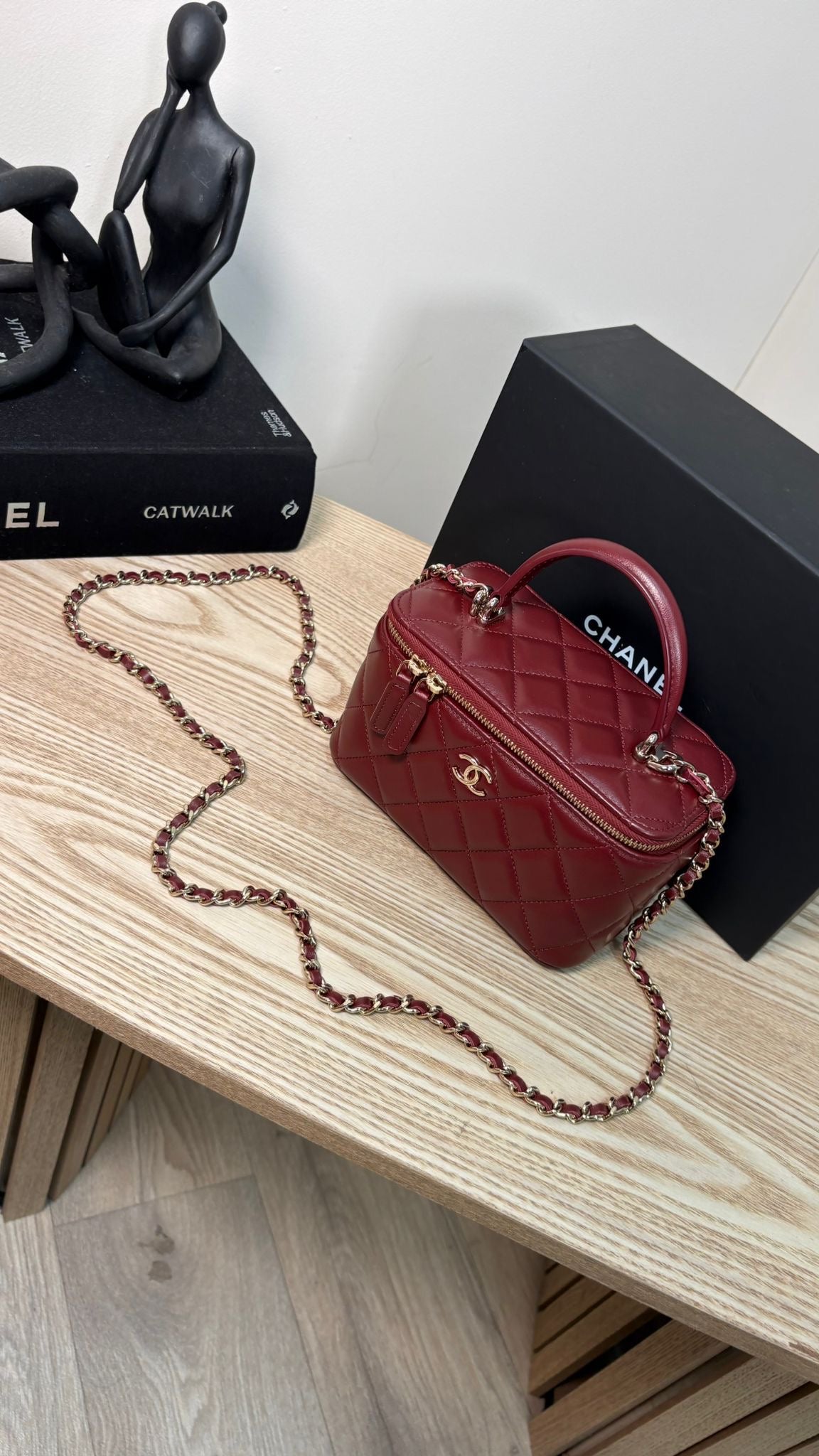 Chanel Lambskin Quilted Vanity Case with Chain in Burgundy