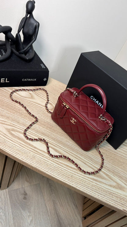 Chanel Lambskin Quilted Vanity Case with Chain in Burgundy