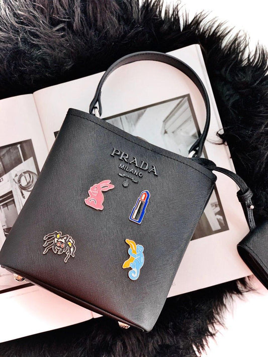 Prada Saffiano Panel Tote Bag Black Shoulder Bag – 17.5 x 18 x 11 cm