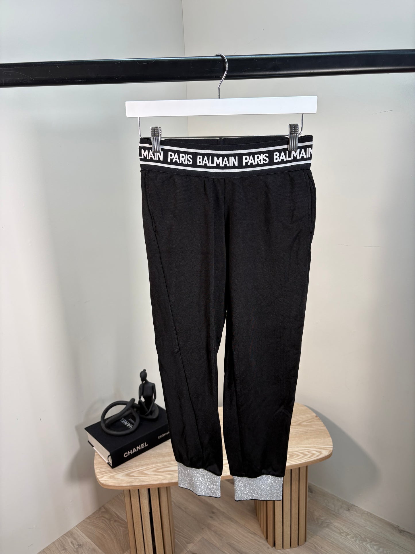 Kids Balmain White Logo Waist Black Silver Cuff Tracksuit Bottom’s – Age 12