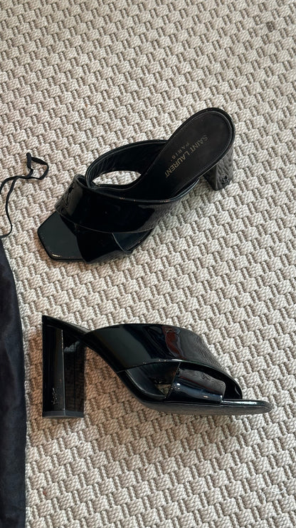 YSL Black Loulou Patent Cross Strap Slip-On Heeled Sandals – EU 38 / UK 5