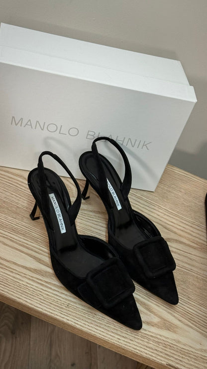 Manolo Blahnik Black Suede Buckle Front Pump Heels - UK 4.5