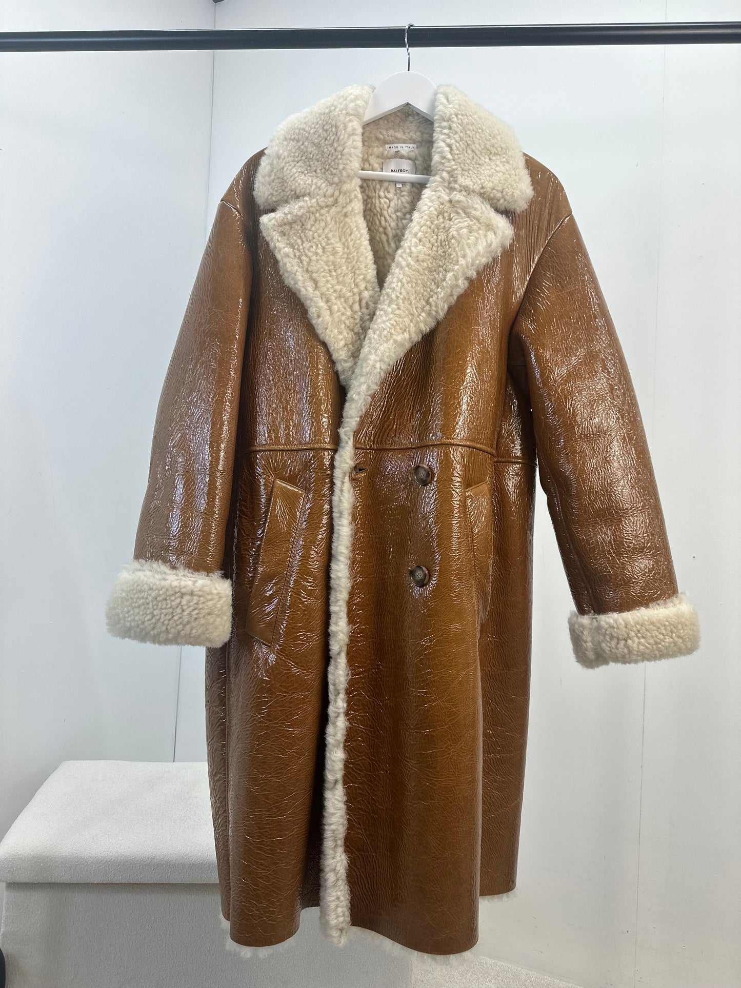 Halfboy Brown Ovina Leather Shearling Coat - UK Large