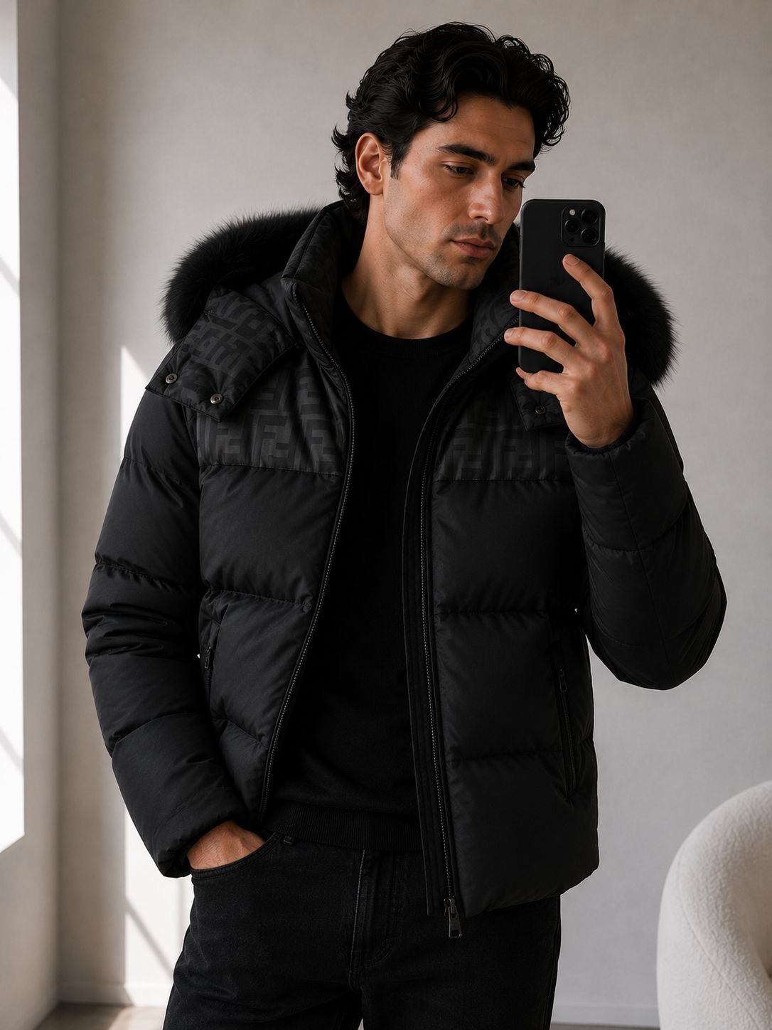 Fendi Black Puffer FF Zucca Print Coat – IT 50