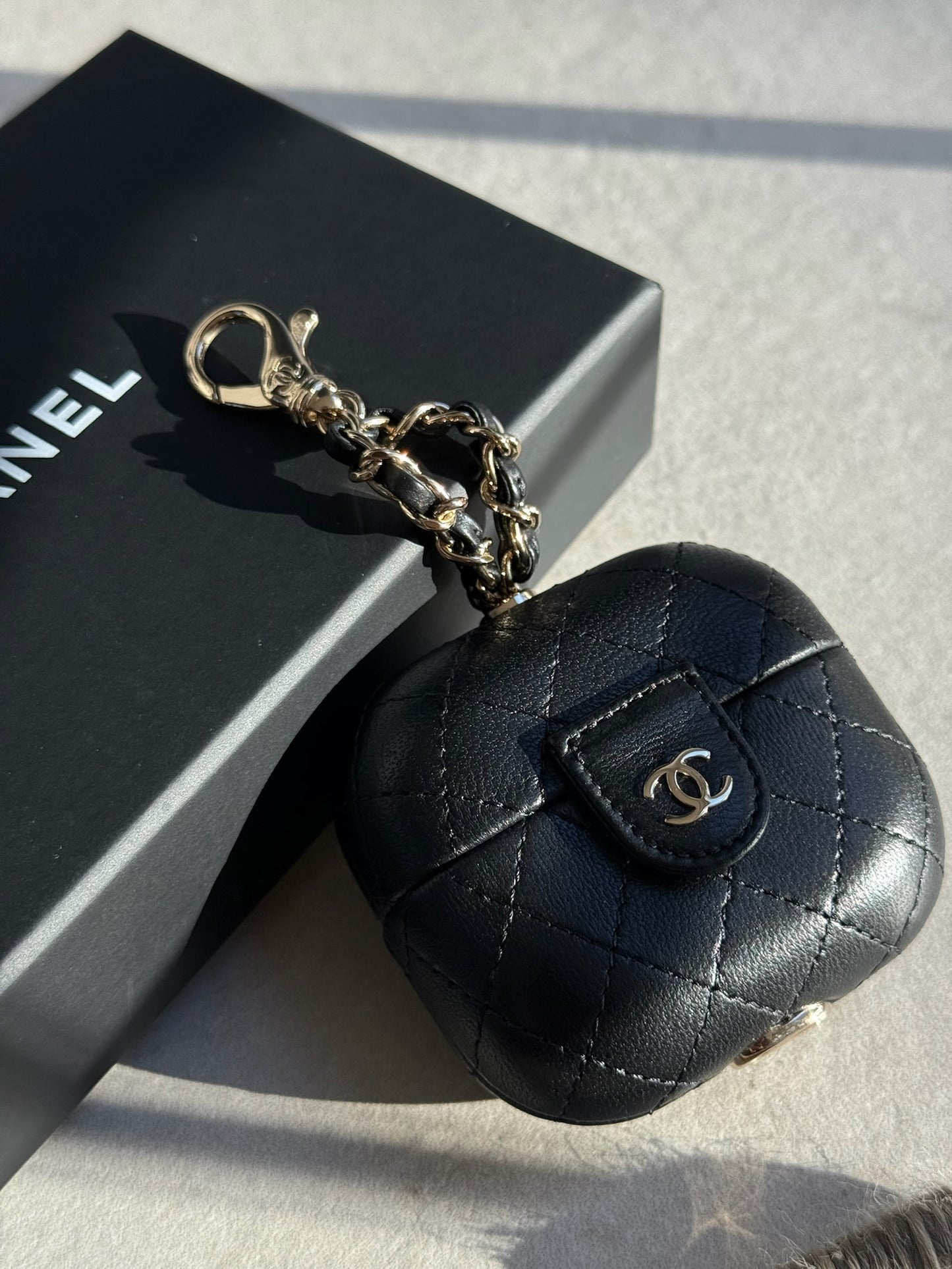 Chanel Black CC Apple Airpods Case On Chain Quilted Caviar Leather - One Size