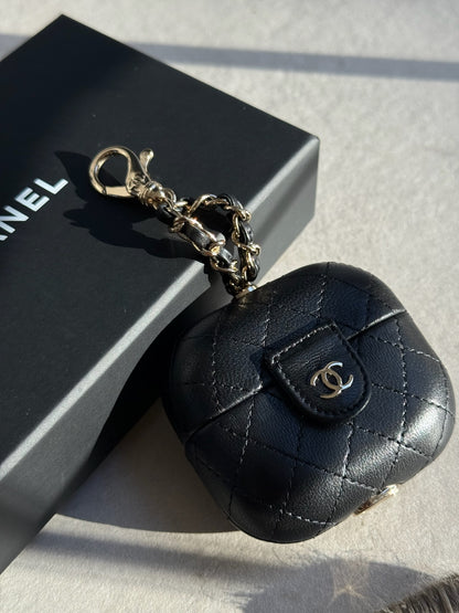 Chanel Black CC Apple Airpods Case On Chain Quilted Caviar Leather - One Size