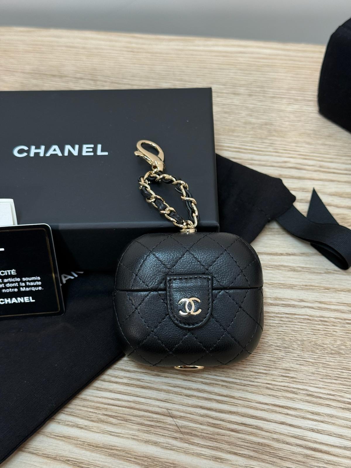 Chanel Black CC Apple Airpods Case On Chain Quilted Caviar Leather - One Size