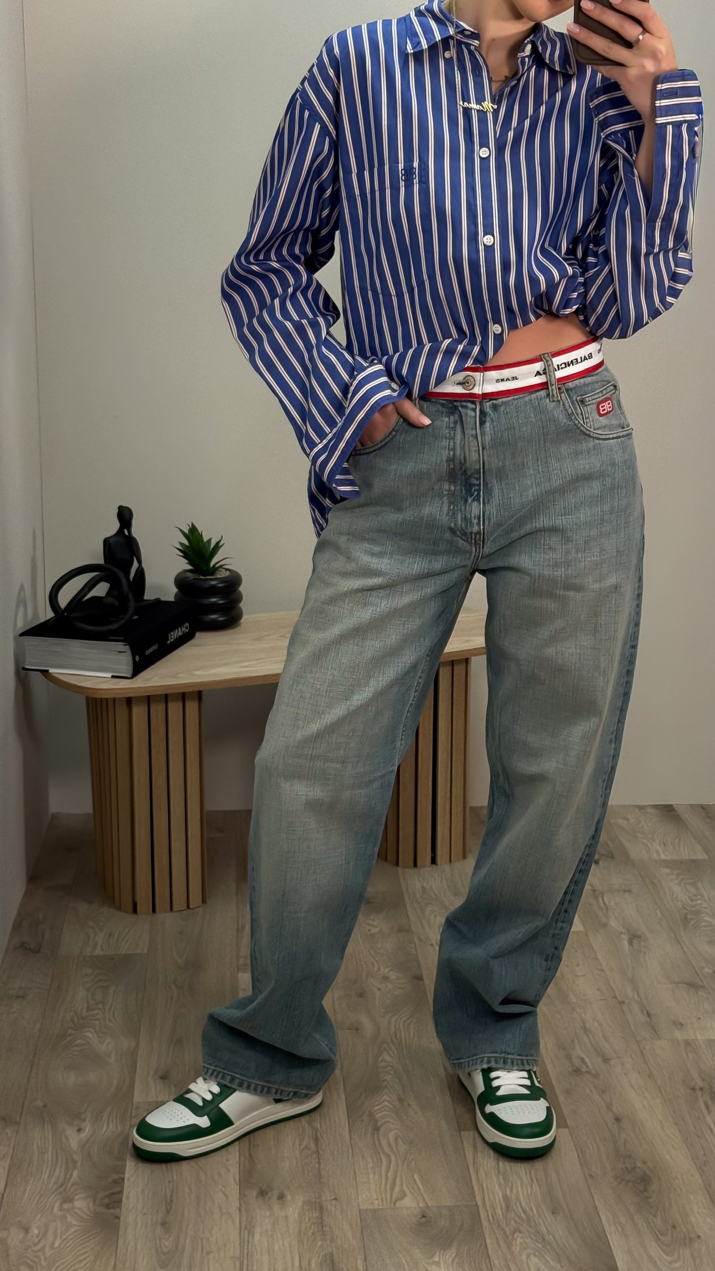 Balenciaga Dark Blue White Striped BB Logo Shirt - Size 36/S