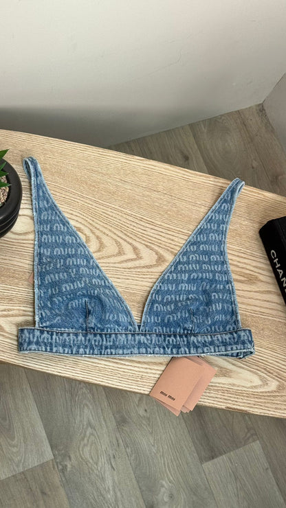 Miu Miu Denim Multi-Logo Bralette Crop - New In Tags 40 / Medium
