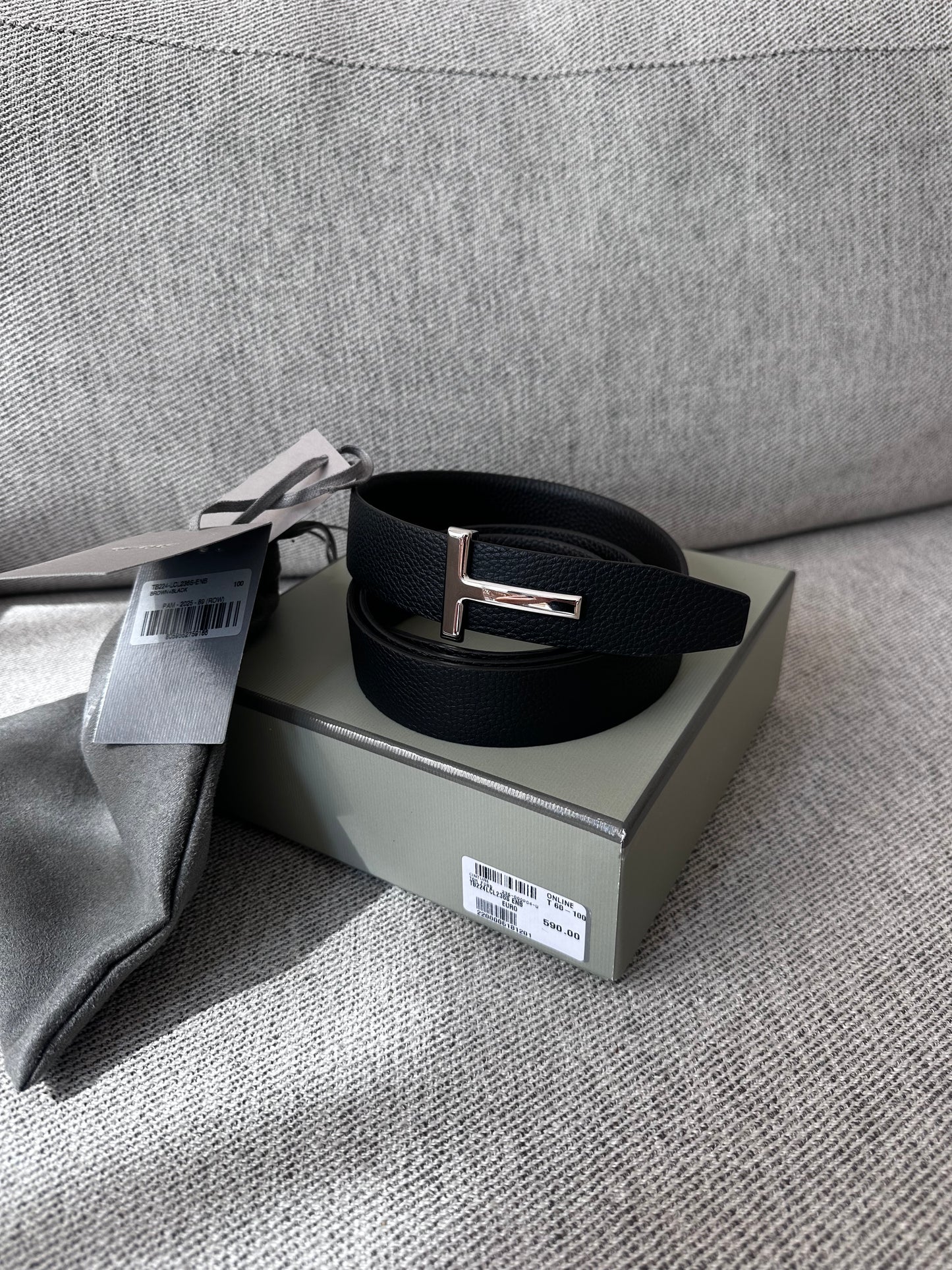 Tom Ford Black Leather TG 100cm Belt- Brand New In Box