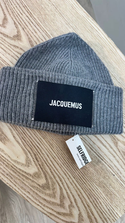 Jacquemus Grey Ribbed Le Bonnet Gros Beanie Hat -New In Tags