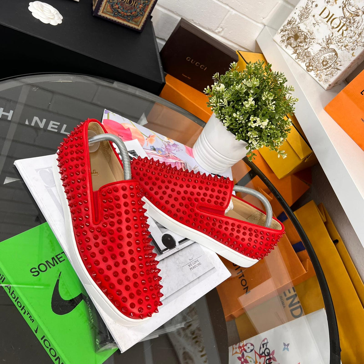 Christian Louboutin Red Leather Rollerboy Spikes Slip on Smoking Slippers Size 42