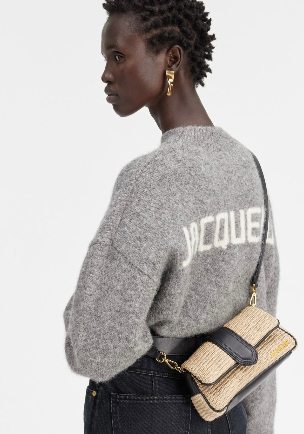Jacquemus beige Le Bambimou Ivory black raffia-effect shoulder bag