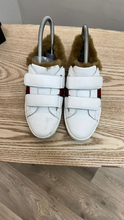 Kids Gucci White Fur Trim Velcro Trainers – N/A