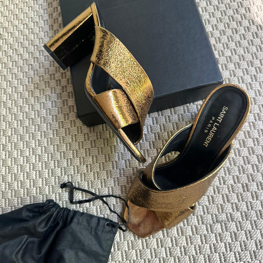 YSL Gold Cross Strap Slip-On Heeled Sandals – EU 38 / UK 5