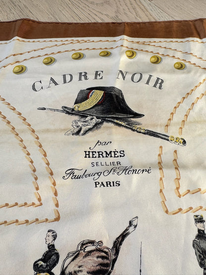 Hermès Cadre Noir Brown Cream Silk Scarf