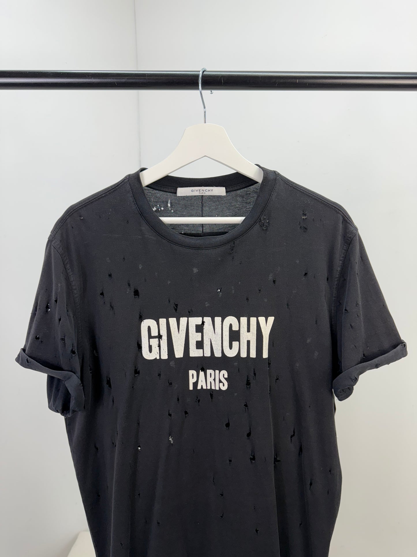 Givenchy Black Distressed T-Shirt with Rolled Sleeves - Small
