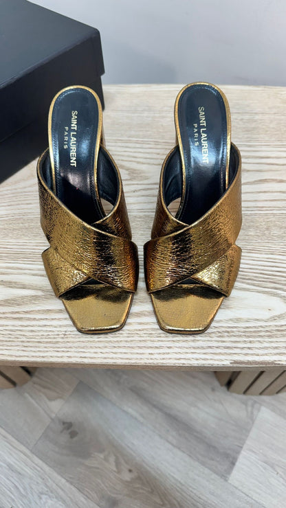 YSL Gold Cross Strap Slip-On Heeled Sandals – EU 38 / UK 5