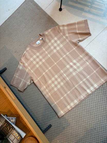Burberry Beige Check Knit Short Sleeve Jumper – New In Tags Large