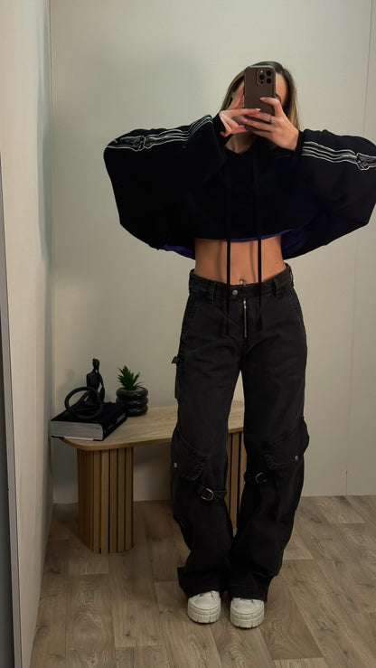 Unravel Black And Purple Cropped Hooded Jumper - Small