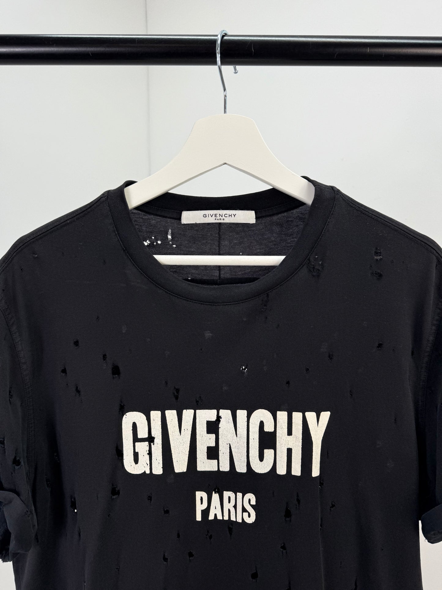 Givenchy Black Distressed T-Shirt with Rolled Sleeves - Small