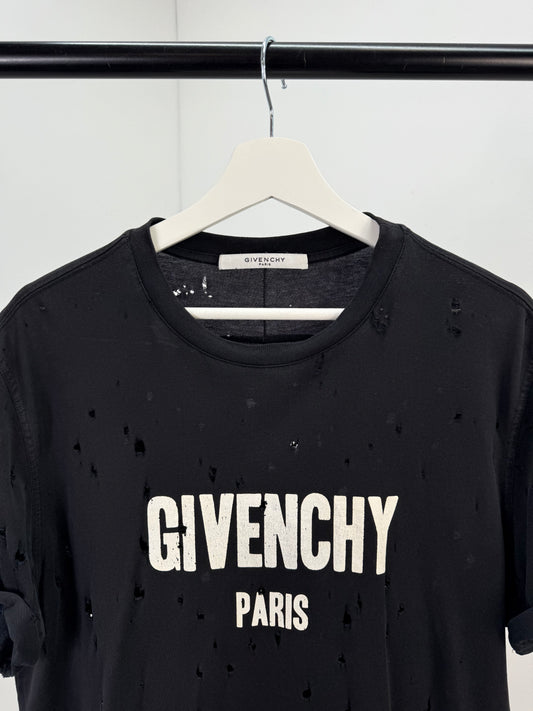 Givenchy Black Distressed T-Shirt with Rolled Sleeves - Small