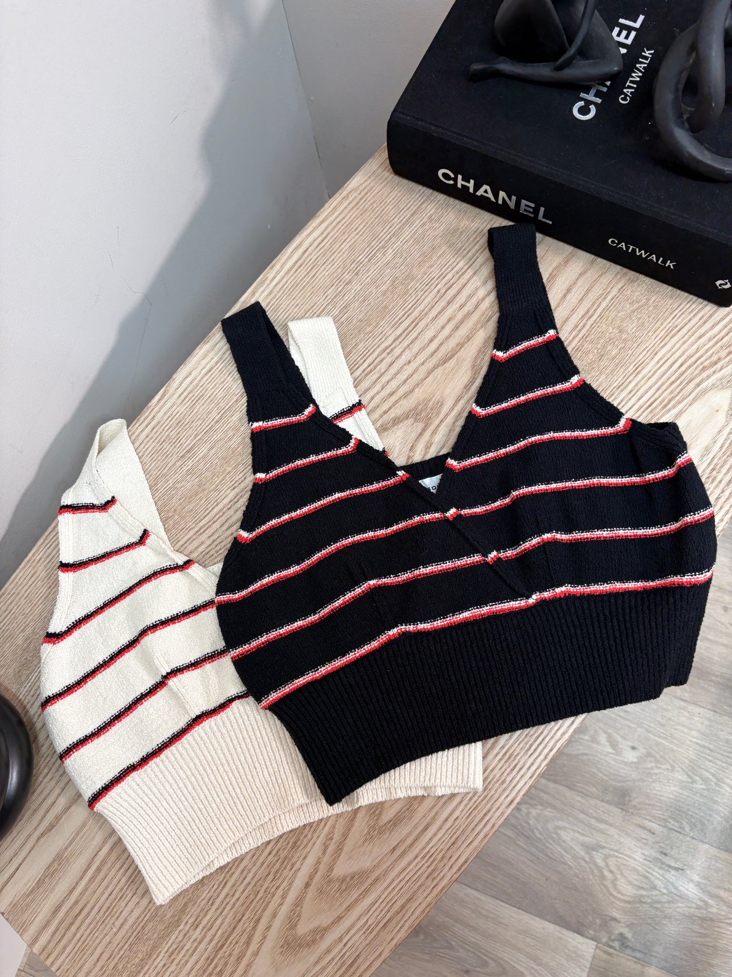 Sonia Rykiel Cream & Red Striped Crop Top - Medium