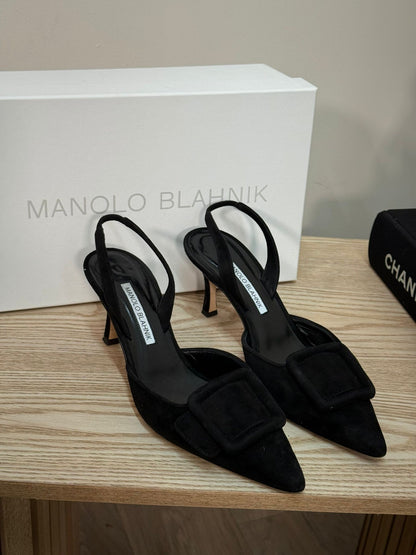 Manolo Blahnik Black Suede Buckle Front Pump Heels - UK 4.5