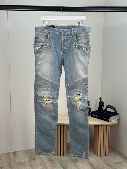 Balmain Men's Distressed Biker Tapered Jeans In A Light Blue Wash - 32 waist