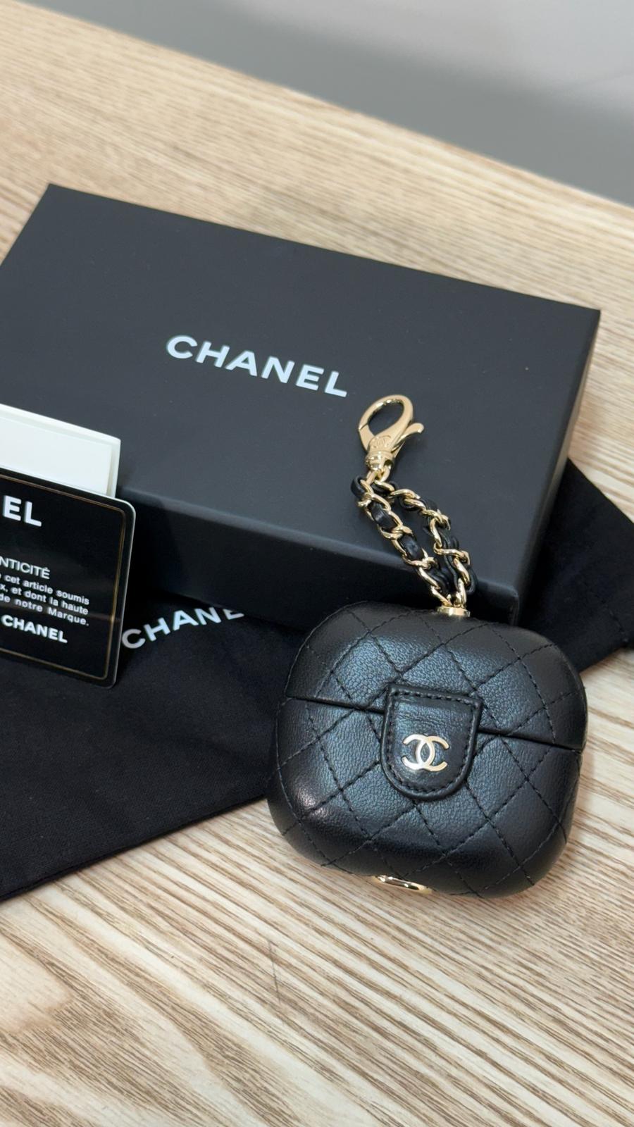 Chanel Black CC Apple Airpods Case On Chain Quilted Caviar Leather - One Size