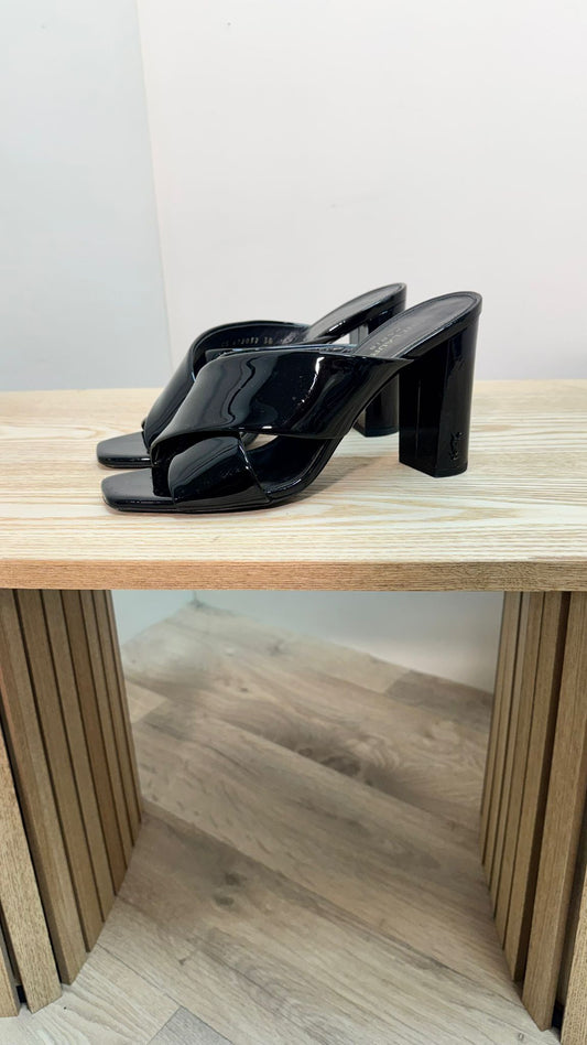 YSL Black Loulou Patent Cross Strap Slip-On Heeled Sandals – EU 38 / UK 5
