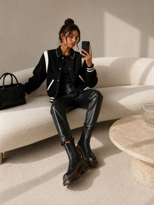 Celine Black & White Teddy Satin-Trimmed Cotton-Corduroy Varsity Jacket –48