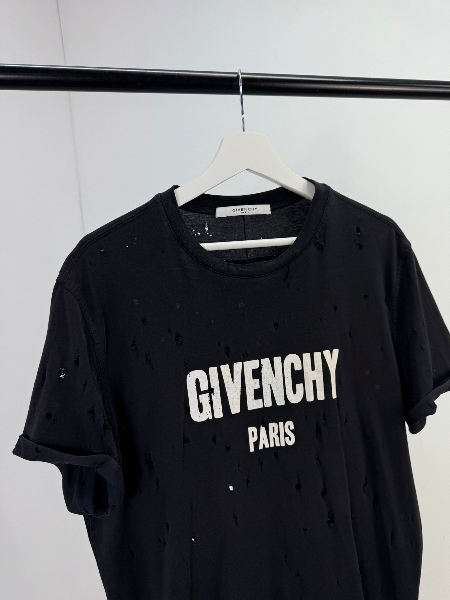 Givenchy Black Distressed T-Shirt with Rolled Sleeves - Small