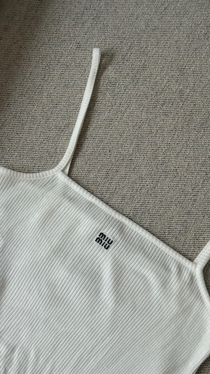 Miu Miu White Frill Ribbed Vest Top - Medium