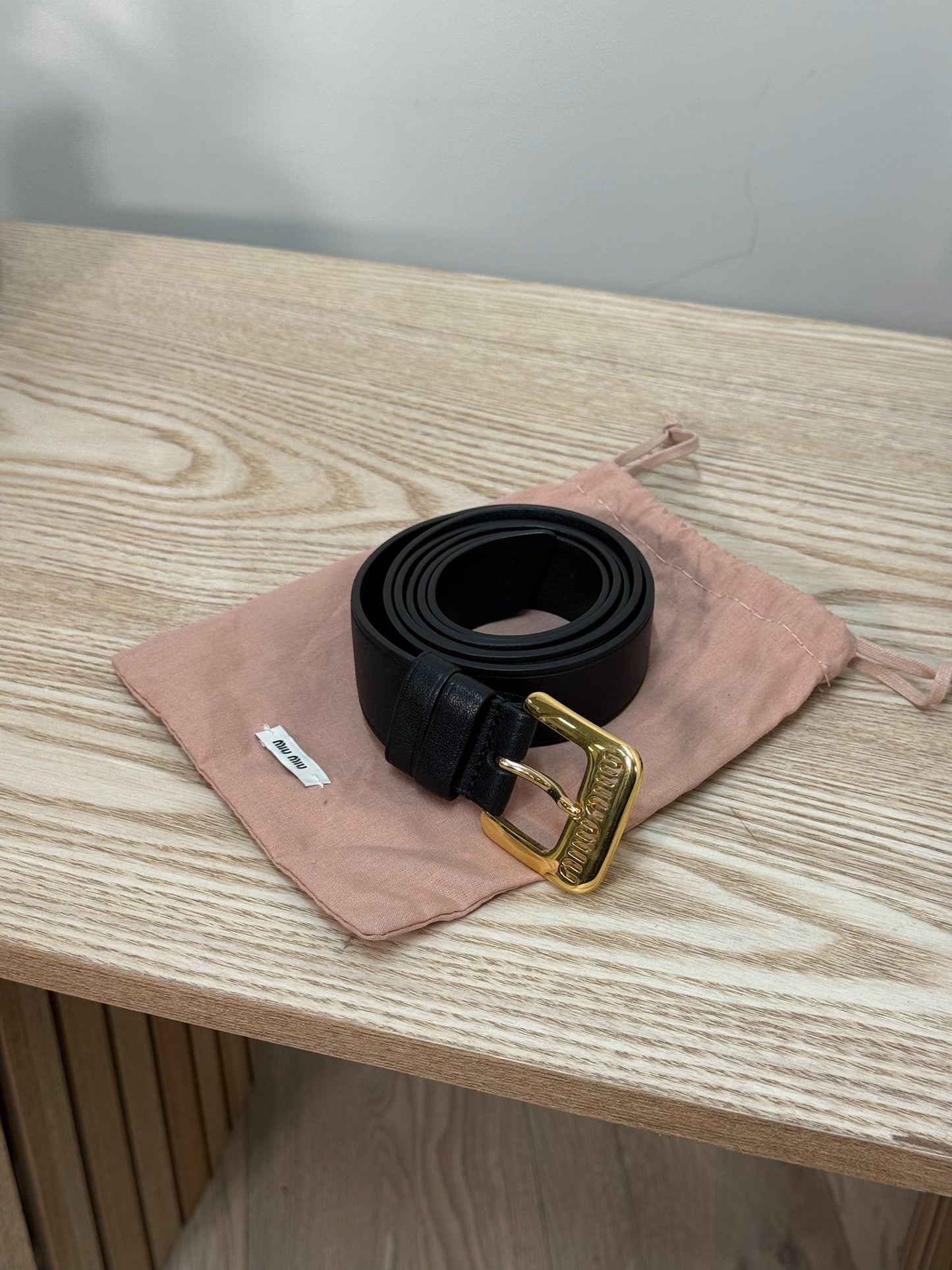 Miu Miu Black Gold Logo Embellished Leather Belt - 34/85