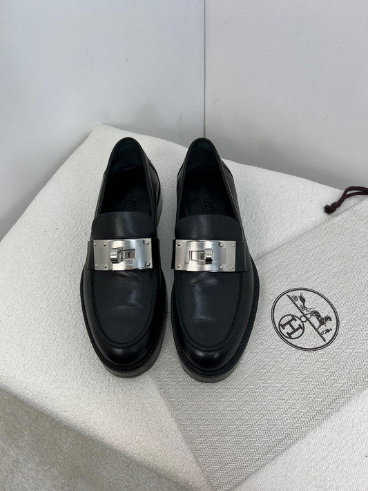 Hermès Black Leather Kelly Buckle Hot Loafers - UK 3