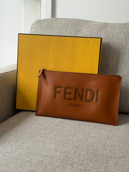 Fendi Brown Logo Flat Clutch Bag
