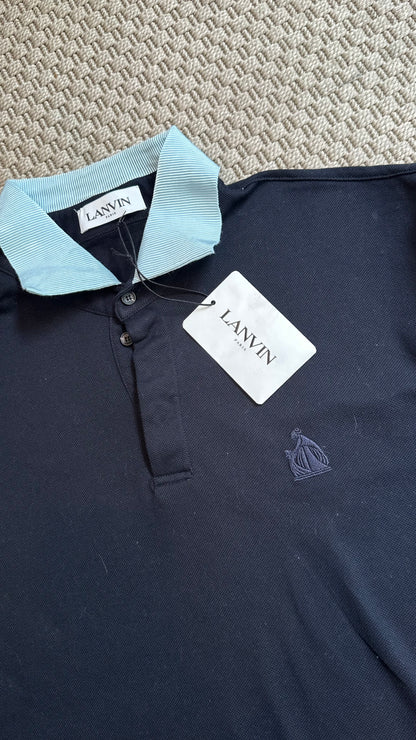 Lanvin Navy Long Sleeve Contrast Collar Polo, Brand New - XXL