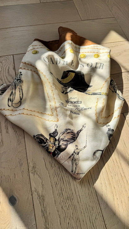 Hermès Cadre Noir Brown Cream Silk Scarf