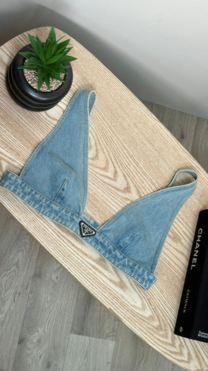 Prada Denim Plaque Logo Bralette Crop - EU 44