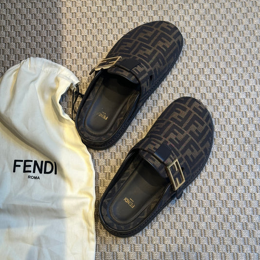 Fendi Brown FF gold mule slip on shoe - UK 7