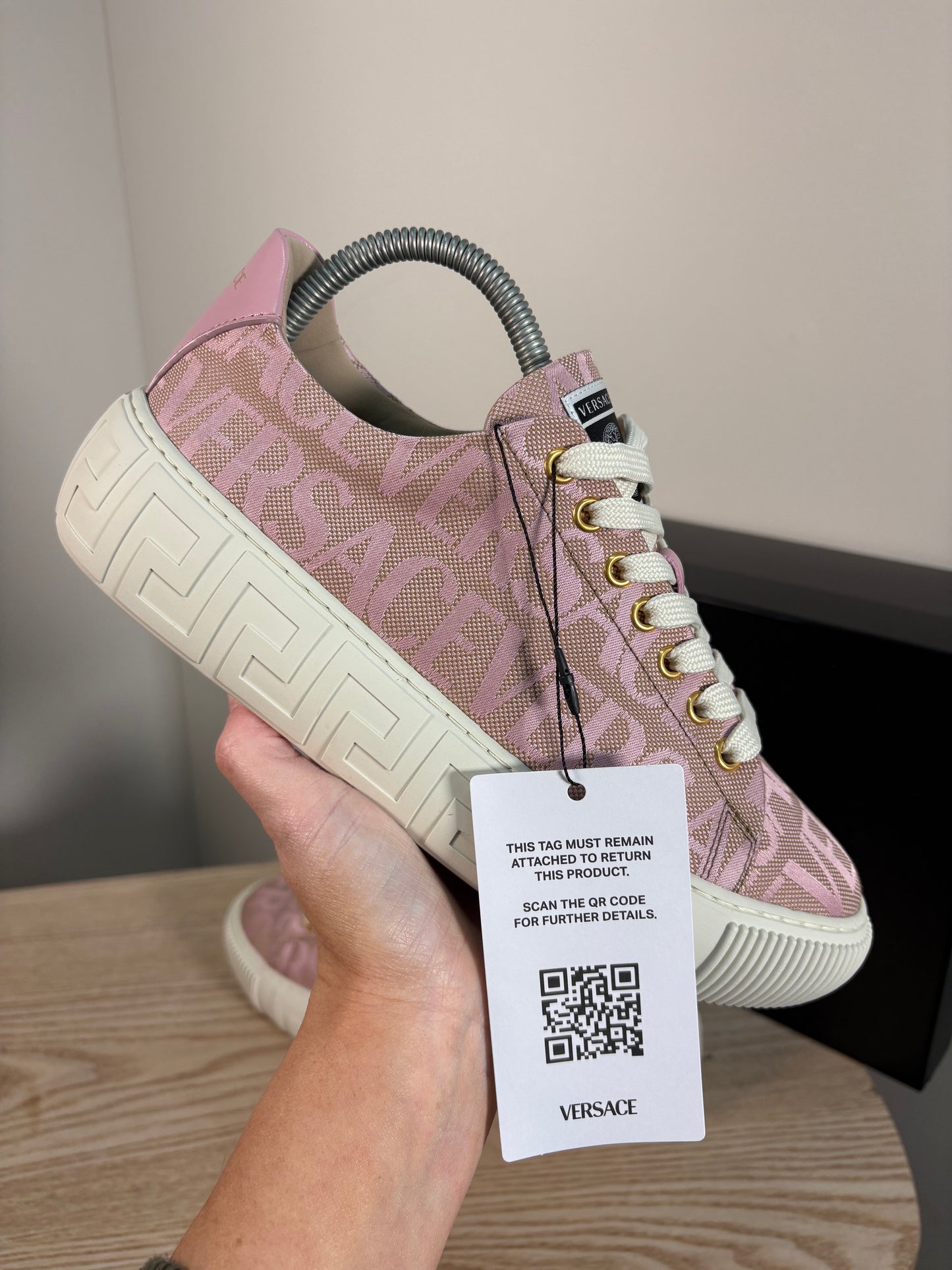 Versace Pink Greca Allover Canvas Trainers – Brand New In Box EU 38 / UK 5