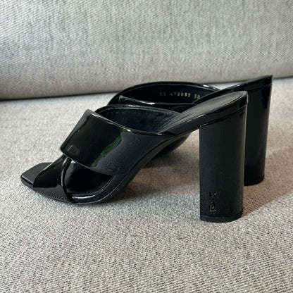 YSL Black Loulou Patent Cross Strap Slip-On Heeled Sandals – EU 38 / UK 5