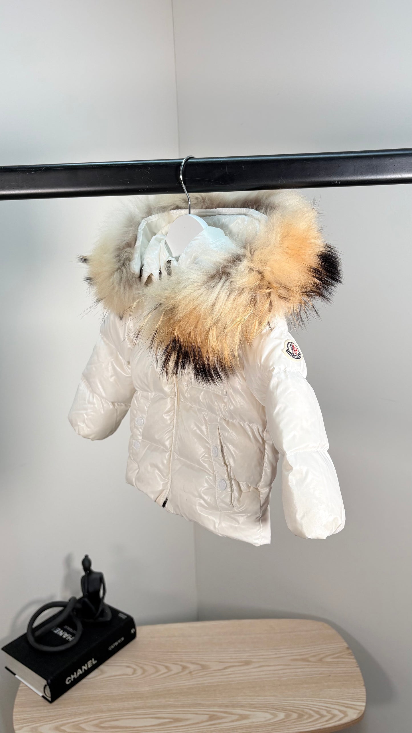 Kids Moncler Cream Padded Fur Trim Puffer Coat – 9-12 Months
