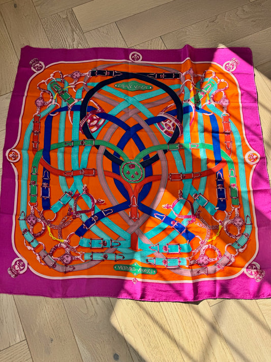 Hermès Pink Orange Foulard Cavalcadour Silk Scarf – 90 x 90 cm