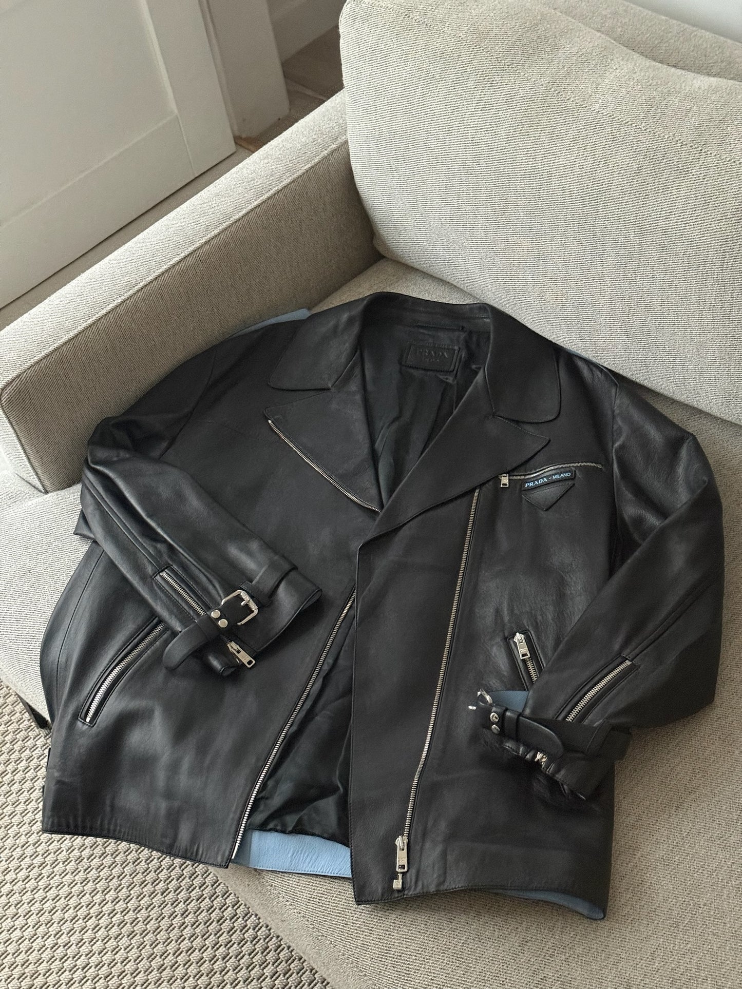 Prada Black Leather Silver Zip Biker Jacket - Size 40/M