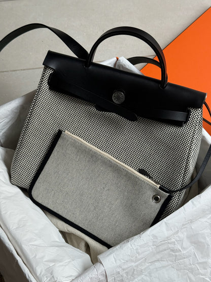 Hermès  Herbag 31 Vache Hunter Toile Quadrille Viking Black White Full Set