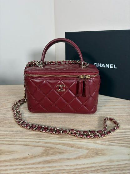 Chanel Lambskin Quilted Vanity Case with Chain in Burgundy